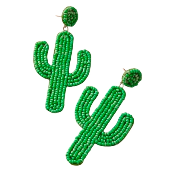 Jewelry - NWT Green Beaded Cactus Earrings Thee Inches